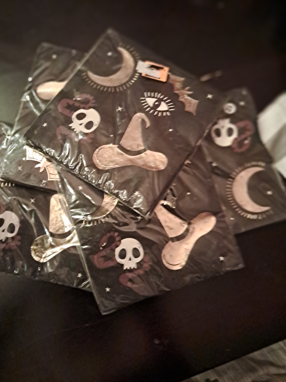 Black Halloween Napkins with Gold Witch Hat & Skull Design 5 Packs Of 16 Napkins